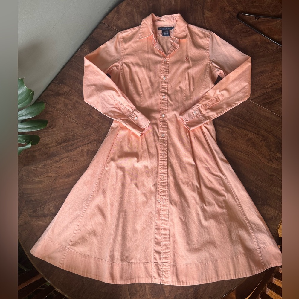 Long Sleeve Cotton Button Down Peach Shirt Dress